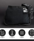 Compact Golf Club And Ball Cleaning Bag With Waterproof Liner, Detachable Clip, Machine Washable Microfiber Exterior in black.