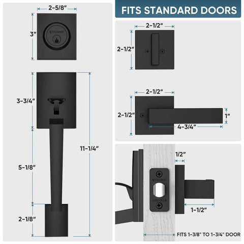 Dimensions and components of Heavy Duty Front Door Handle Set With Square Lever And Single Cylinder Deadbolt Reversible For Exterior Entrances Matte Black Finish Built To Last Zinc Alloy Hardware Premium Quality Materials.