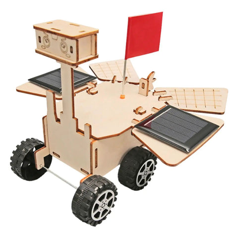 Solar Powered Mars Rover Kit made of wood for DIY engineers, displaying solar panels and wheels, educational STEM project.