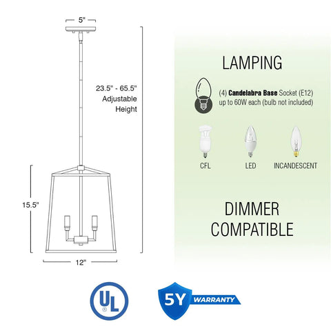 16 Inch 4 Light Modern Black Lantern Pendant Light With Warm Brass Accents dimensions and socket details diagram