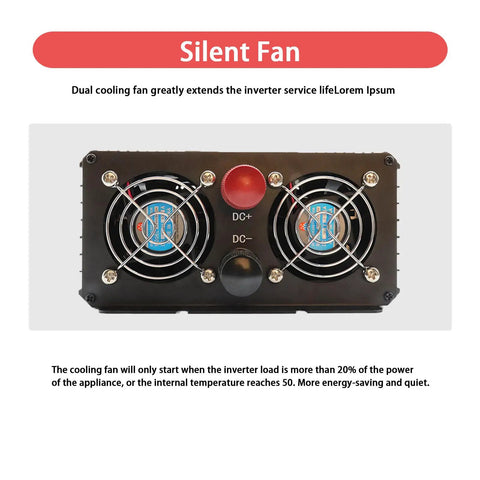 Road Ready 4000W Pure Sine Wave Power Inverter DC to AC Converter with LCD readout and dual cooling fans top view.