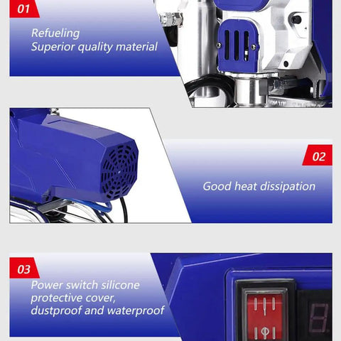 Shop Ready Airless Paint Sprayer With 2500 Watt Motor clear view of refueling area and heat dissipation features.