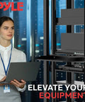 Premium Heavy Duty 1U Server Rack Shelves 19 Inch Vented Network Mounting Trays 8 Pack, woman with laptop beside shelves in server room.