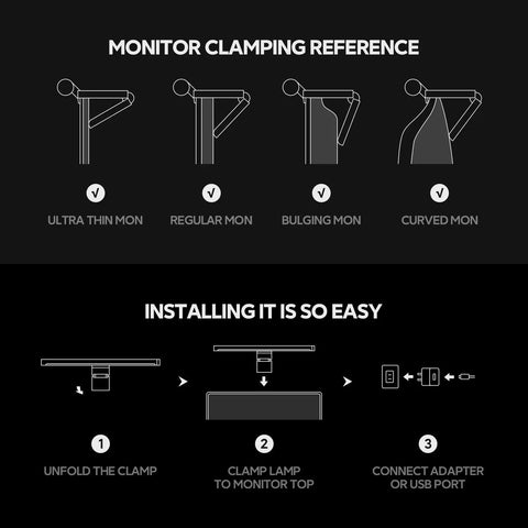 RGB Monitor Light Bar For Eye Care With Four Modes And Color Temperature Adjustable From 2900K To 6000K USB Powered Reading Lamp installation guide.