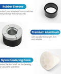 Cam Bearing Removal And Installation Tool Set With One And One Eighth Inch To Two And Two Thirds Inch Adapters For Most Vehicles Durable High Strength Steel Construction And Heat Treated For Reliable Performance shown with rubber sleeve, aluminum adapter, and nylon centering cone.