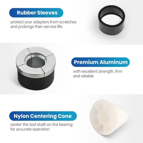 Cam Bearing Removal And Installation Tool Set With One And One Eighth Inch To Two And Two Thirds Inch Adapters For Most Vehicles Durable High Strength Steel Construction And Heat Treated For Reliable Performance shown with rubber sleeve, aluminum adapter, and nylon centering cone.