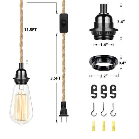 Plug In Hanging Pendant Light Fixture With 15 Ft Hemp Rope Cord, E26 Socket, Inline Switch shown in detail with components