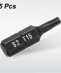 Rock Solid Five Piece T15 Torx Screwdriver Bits With Center Hole For Hammer Drill And Impact Drivers 1/4 Inch Hex Shank One Inch Long Premium Heat Treated S2 Steel Tough As Nails Power Tool Bits Black, single T15 bit