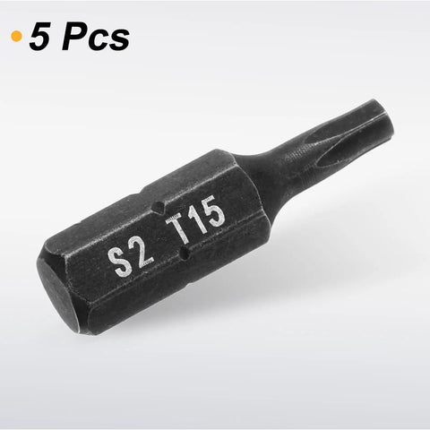 Rock Solid Five Piece T15 Torx Screwdriver Bits With Center Hole For Hammer Drill And Impact Drivers 1/4 Inch Hex Shank One Inch Long Premium Heat Treated S2 Steel Tough As Nails Power Tool Bits Black, single T15 bit