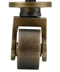 Close-up of heavy duty brass stem caster with antique brass finish, visible threaded stem, 1 inch wheel diameter, floor safe.