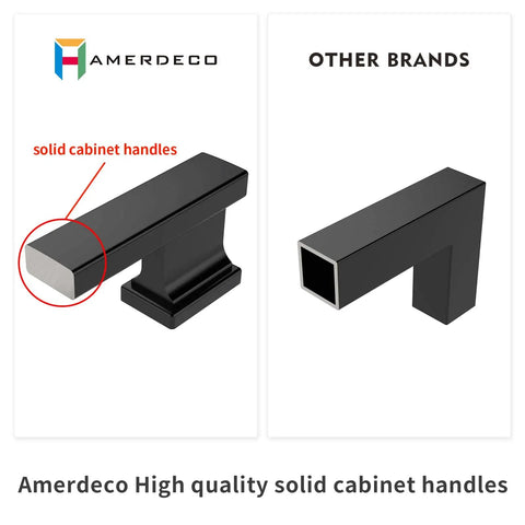 Comparison of Amerdeco solid cabinet handles with hollow handles by other brands, highlighting quality and durability.
