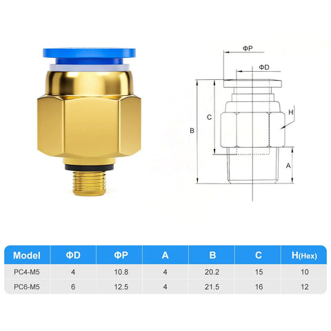 Blue Straight Push To Connect Fitting For 4mm Tube OD M5 Thread With Sealing Ring Copper And Plastic Pneumatic Quick Connect Connector Pack Of 10 No Fuss Durable Design For Easy Installation And Reliable Air Line Connections, shown with diagram and dimensions