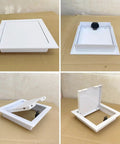 Built Tough Aluminum Access Door For Drywall Panels With Snag Free Flush Mount And Heavy Duty Galvanized Core designed to hide power boxes, 12 by 14 inches.