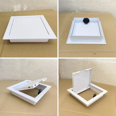 Built Tough Aluminum Access Door For Drywall Panels With Snag Free Flush Mount And Heavy Duty Galvanized Core designed to hide power boxes, 12 by 14 inches.