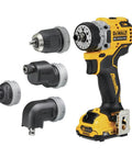 Rock Solid 12V Max Brushless Cordless Five In One Drill Driver Kit Featuring Dual Speed Transmission and Four attachments.