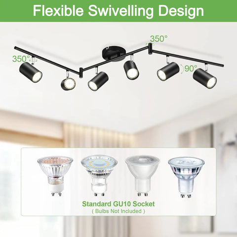 Six Light Black Track Lighting Kit With Adjustable LED Heads And GU10 Sockets Modern Matte Black Fixture