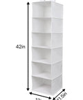 Rock Solid Six Shelf Hanging Closet Organizer With Dividers In Clean White Non Woven Fabric, dimensions 42in x 12in x 11.5in.