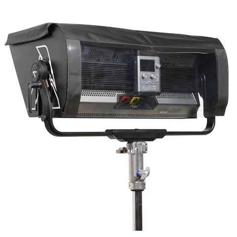 Nova P600c Rain Shield For LED Panels, Tough As Nails Nylon Weather Guard on mounted LED panel, showing control access.