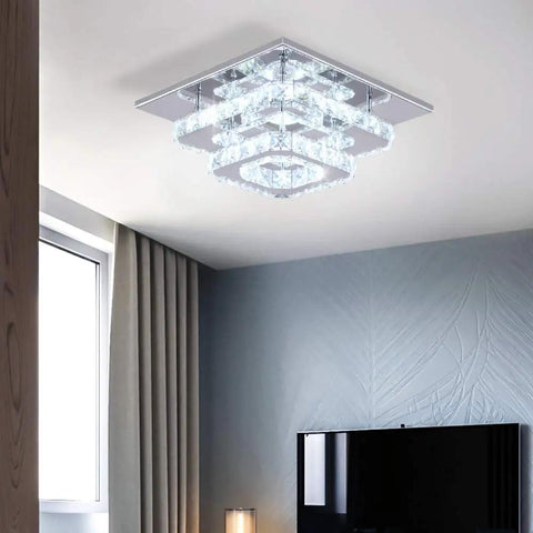 9.8 Inch Square Crystal Flush Mount LED Ceiling Light with K9 Crystal Mirror Base, cool white 6500K, in modern room