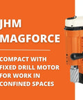 Professional Magnetic Drill Featuring Fixed Motor And Dual Sided Hand Feed Wheel Optimized For Confined Workspaces close-up of drill in orange housing.