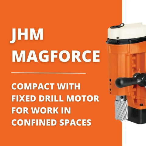 Professional Magnetic Drill Featuring Fixed Motor And Dual Sided Hand Feed Wheel Optimized For Confined Workspaces close-up of drill in orange housing.