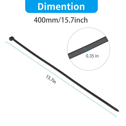 16 Inch Black Heavy Duty Zip Ties 100 Pack 200 Lbs showing size dimensions of 400mm and 0.35 inch width