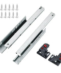 Six Pairs Of 20 Inch Soft Close Undermount Drawer Slides With Bottom Mount Steel Ball Bearing Action Full Extension For No Brainer Install Includes Screws 3D Locking Devices And Quick Install Instructions 100 Lb Capacity, with screws and locking clips