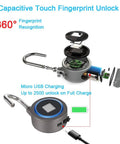 Diagram of Fingerprint Bluetooth Padlock With No Key Needed Biometric Unlock Waterproof USB Rechargeable Portable Lock features.