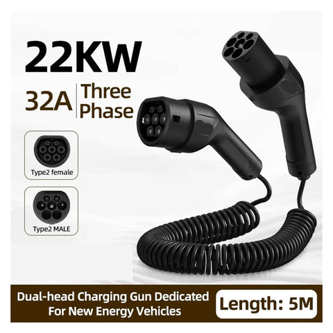 Heavy Duty Type 2 Electric Vehicle Charger Extension Cable With Smart Temp Sensor And Automatic Leakage Cutoff Spring Flex Coil Cord Up To Twenty Two Kilowatts, 5M long with dual-head design.