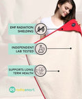 Woman holding Organic Cotton EMF Protection Baby Blanket With Silver Shielding 5G Blocking Belly Shield, highlighting features.