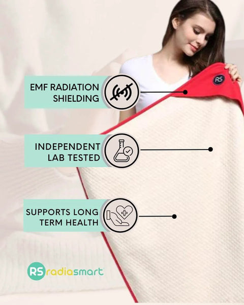 Woman holding Organic Cotton EMF Protection Baby Blanket With Silver Shielding 5G Blocking Belly Shield, highlighting features.