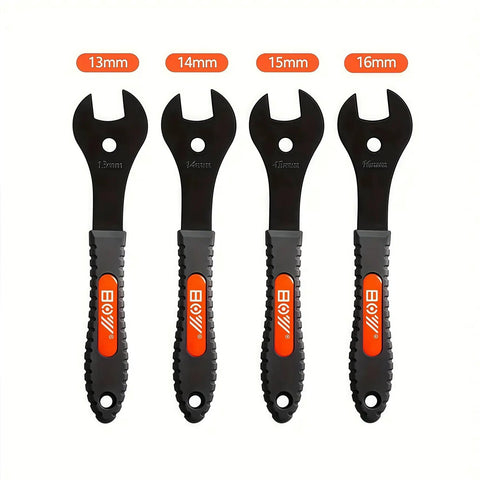 Bicycle Cone Wrench Set 4 Piece 13-14-15-16mm Dual Jaw for Easy Cone Nut Removal and Hub Axle Work, black handles, front view