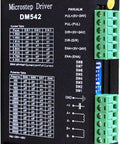 DM542 microstep driver front view; two-phase stepper controller with green terminal blocks, 20-50V DC, 4.2A