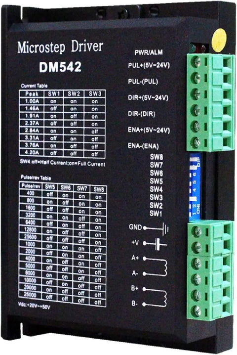 DM542 microstep driver front view; two-phase stepper controller with green terminal blocks, 20-50V DC, 4.2A