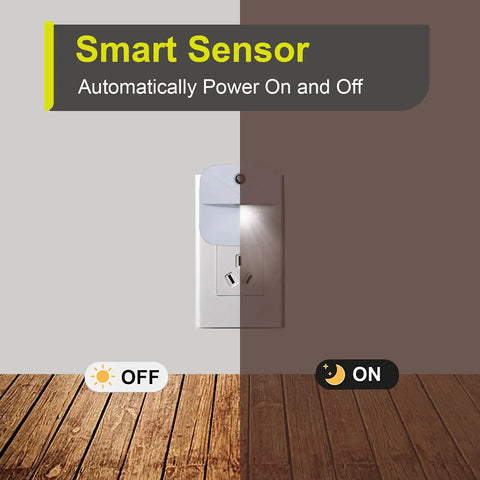 Six Pack Plug In LED Night Lights With Dusk To Dawn Sensor showing auto on off feature in white wall outlet