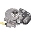 Angled front view of GELUOXI vacuum pump replacement; silver housing, black mounting plate, yellow connector.
