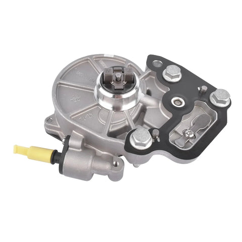 Angled front view of GELUOXI vacuum pump replacement; silver housing, black mounting plate, yellow connector.