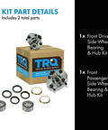 Front Left And Right Wheel Bearing Hub Assembly Kit Two Piece Set For 98 02 Chevrolet Prizm 93 97 Geo 93 02 Toyota Corolla No ABS Brakes Direct Fit Replacement With Durable Bearings And Sealed Hubs displayed in a box with bearings, seals, and hubs.
