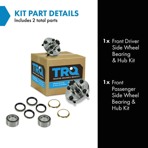 Front Left And Right Wheel Bearing Hub Assembly Kit Two Piece Set For 98 02 Chevrolet Prizm 93 97 Geo 93 02 Toyota Corolla No ABS Brakes Direct Fit Replacement With Durable Bearings And Sealed Hubs displayed in a box with bearings, seals, and hubs.