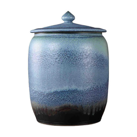 Slick Ceramic Food Storage Jar Gradient Blue Rice Cylinder High Temperature Fired Pantry Bin For Coffee Beans Snacks And Grains, front view.
