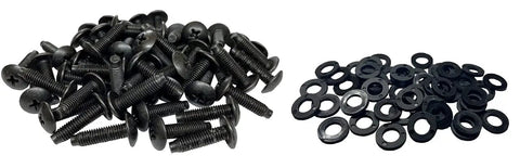 Heavy Duty 10-32 Rack Screws Bulk Pack Of 50 Pilot Point Server Mounts With Durable Plastic Washers Black Oxide Wax Finish Hardened Steel USA Made, showing screws and washers.