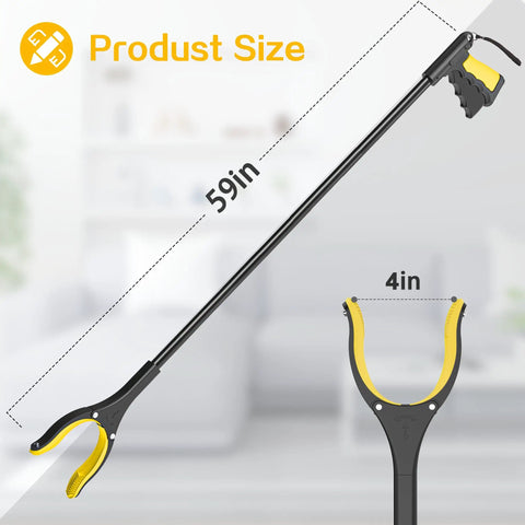 Ultra Long Grabber Reacher Tool For Easy Lifts And Reaching 59 Inch Reach With Magnetic Tip And 360 Degree Rotating Anti Slip Jaw 4 Inch Wide Claw Opening Yellow Handy Senior Helper For Home Garden And Garage