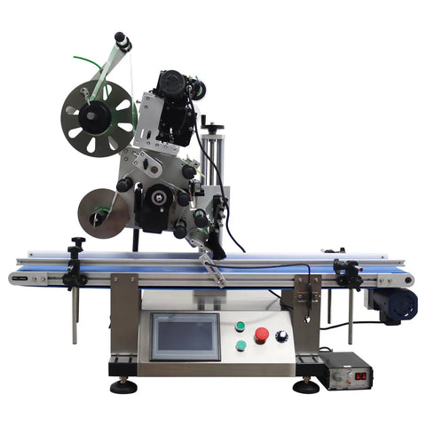 Big Time Automatic Desktop Conveyor Labeler For Flat Bottles And Merchandise Plug And Play Sticker Applicator with display and rollers.