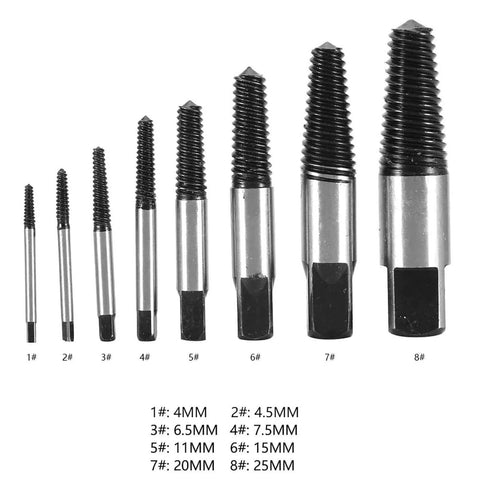8-Piece Broken Screw Extractor Set For Damaged Screws, Rusted Bolts And Pipe Fittings with labeled sizes, front view