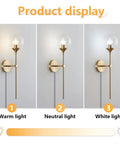 Gold Globe Wall Sconce Plug In Mid Century Modern Long Arm Light With Bubble Glass Shade Brush Brass Vanity Fixture For Bathroom Or Hallway Hardwire Or Plug In Design Easy On Off displaying warm, neutral, white light options.