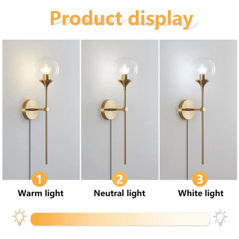 Gold Globe Wall Sconce Plug In Mid Century Modern Long Arm Light With Bubble Glass Shade Brush Brass Vanity Fixture For Bathroom Or Hallway Hardwire Or Plug In Design Easy On Off displaying warm, neutral, white light options.