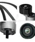 Get Your Engine Running Smooth With This Premium Serpentine Belt Kit Including Pulley Tensioner Idler For Kia 2.0 And 2.4 Models To Stop Slippage And Boost Peak Performance Today. close-up belt and idler pulley set