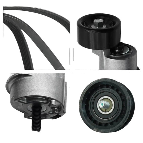 Get Your Engine Running Smooth With This Premium Serpentine Belt Kit Including Pulley Tensioner Idler For Kia 2.0 And 2.4 Models To Stop Slippage And Boost Peak Performance Today. close-up belt and idler pulley set