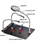 Go-To Magnetic Helping Hand With Four PCB Pillars And Three Magnifying Lamps, Flexible Arm Soldering Stand on a workbench.