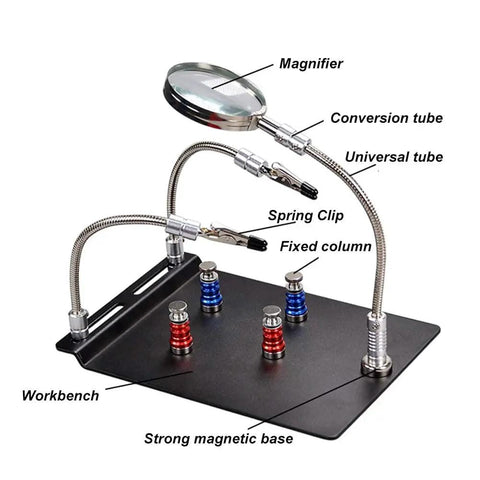 Go-To Magnetic Helping Hand With Four PCB Pillars And Three Magnifying Lamps, Flexible Arm Soldering Stand on a workbench.